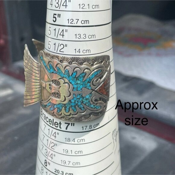 Native American Peyote Bird Coral Turquoise Sterling Silver Watch Cuff 133 Grams - Picture 3 of 9